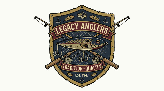 Vintage fishing club badge with crossed fishing rods and fish emblem representing legacy anglers and tradition