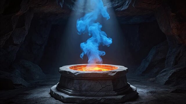 Stone cauldron with glowing liquid in cave