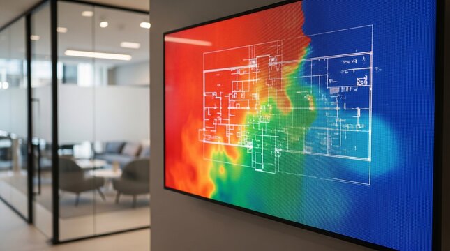 Smart building management display with architectural floor plan heatmap in modern corporate office interior environment showing occupancy data and energy efficiency analytics systems.