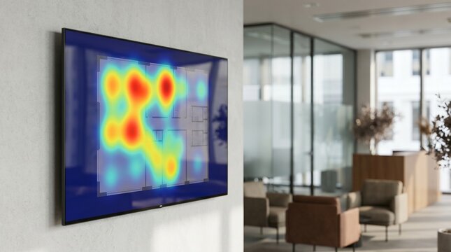 Digital signage on concrete wall showing office space utilization heatmap within contemporary business lounge environment featuring blurred furniture and glass partitions background.
