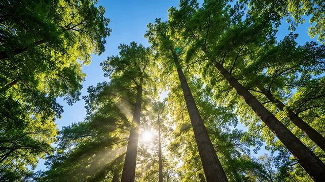 Sunlight filtering through tall trees in a forest