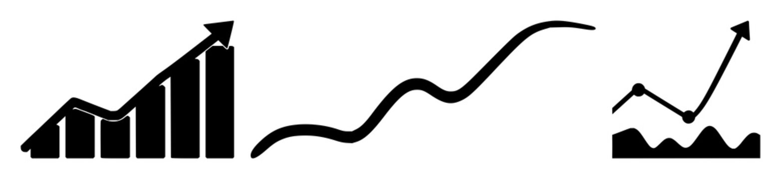 Predictive analytics trend line icon set with solid black line on white background featuring analytics, data, line graph with trend, projection and forecasting