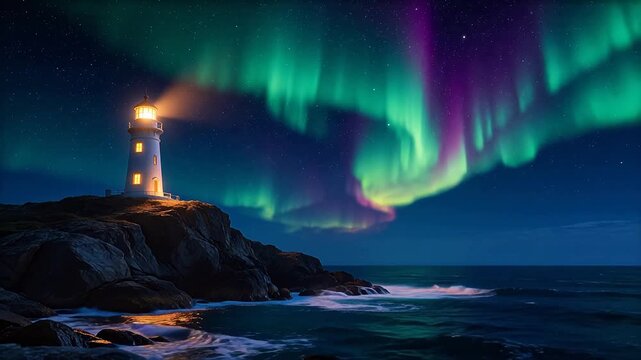 Lighthouse under northern lights