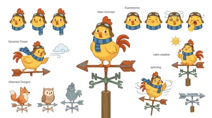 Obraz premium Charming Weather Vane Rooster Illustrations Depicting Different Poses and Expressions.