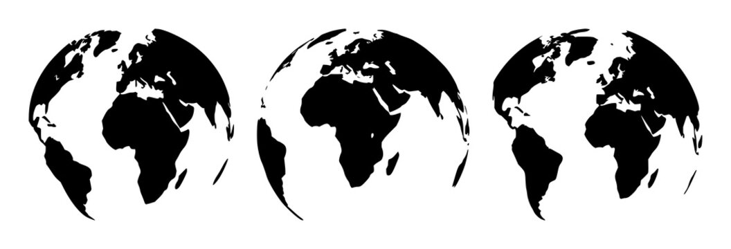 Global business world icon set with solid black illustration on white background featuring globe, corporate, currency symbols with flat design and vector graphics