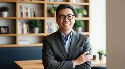 Fototapeta premium Asian man in glasses and suit smiles confidently. Arms crossed, standing indoors with bookshelves behind him. He looks successful and approachable for professional use.