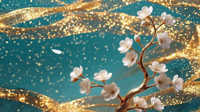 Golden branch with white blossoms