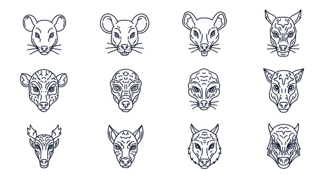Set of Animal Head Icons: Mouse, Deer, Pig, Wolf, Cow, Alien