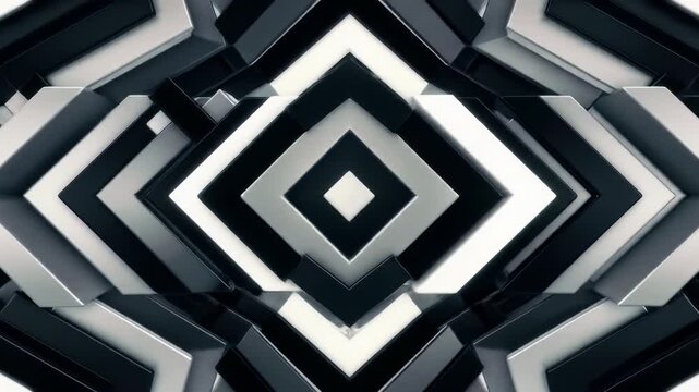 A seamless, infinitely looping abstract animation: full-frame, centered, black, charcoal gray, silver, and white geometric diamond and chevron patterns expand and contract with parallax. Static