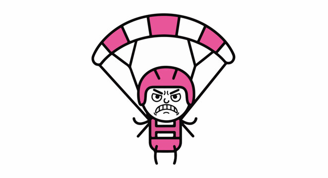 Angry cartoon bug character parachuting with open chute.