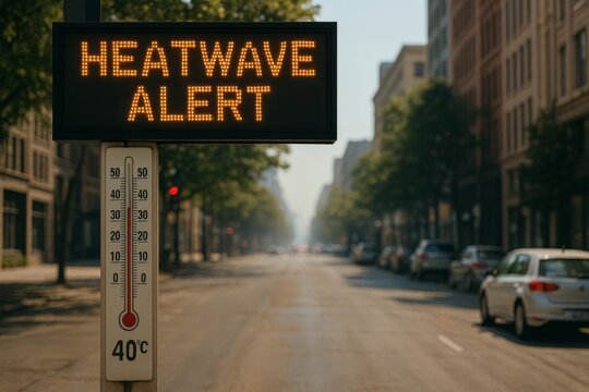 Sign flashes "HEATWAVE ALERT" by a street thermometer at "40C" on a bright city avenue. Concept of extreme heat and safety warning. For weather advisory photo
