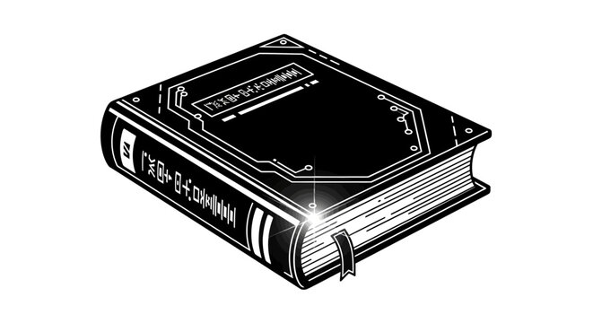 Black and white book icon with futuristic circuit board design and glowing bookmark. Digital knowledge concept.