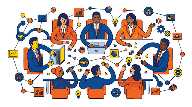 Diverse corporate team executing data-driven strategy and collaborative innovation in a modern agile B2B workspace environment