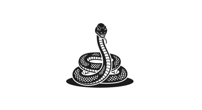 Intricate black and white vector illustration of a coiled snake with fangs and extended tongue in a striking pose, powerful serpent.