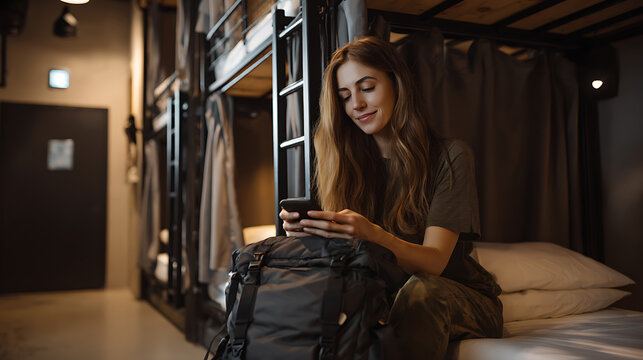 Young woman traveler relax and smile in hostel bunk bed, use mobile phone with backpack. Budget accommodation for backpackers concept