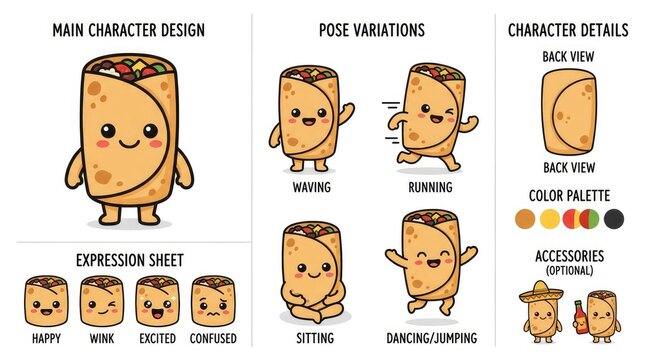 Cute Cartoon Burrito Character Design with Various Poses and Expressions.