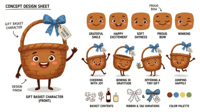 Cute Cartoon Gift Basket Character Design Sheet with Various Emotions and Expressions.