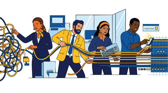 Diverse corporate strategy team transforming complex operational chaos into streamlined digital workflows for enterprise scalability