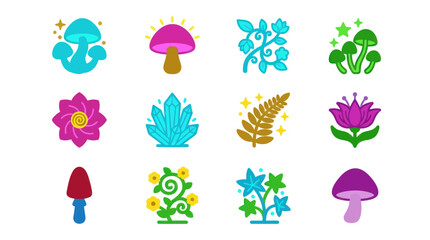 Colorful magic mushrooms and fantasy forest plants. © Anas