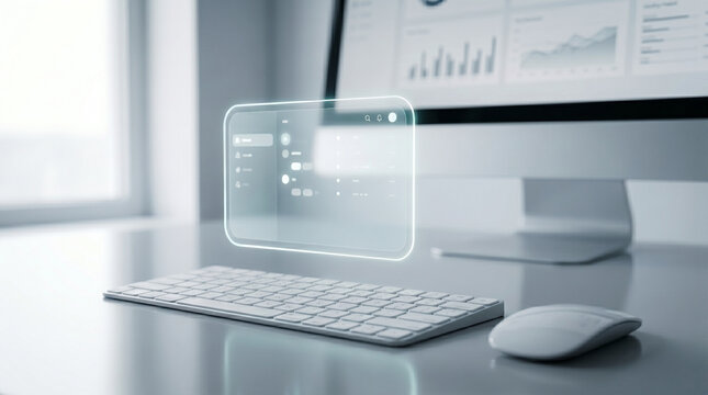 Modern desktop workspace with glowing transparent user interface screen floating above wireless keyboard and mouse showing data visualization and dashboard on computer monitor back.