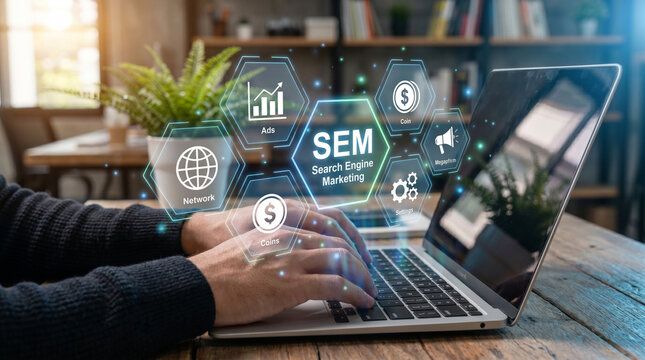 Search engine marketing sem concept with businessman hands typing on laptop in cozy office environment showing coins network ads and settings icons for comprehensive web strategy.