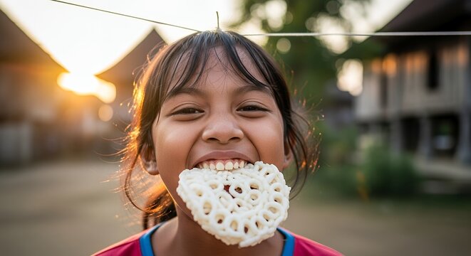 Young Indonesian girl participating in traditional krupuk eating contest.