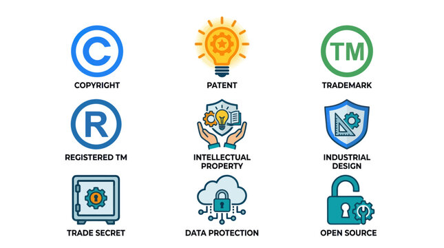 Intellectual property and legal protection icon set.