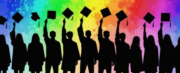 Obraz premium Silhouettes of graduates toss caps into air. Diverse students celebrate academic success with joy and excitement against colorful abstract background. Education achievement milestone.