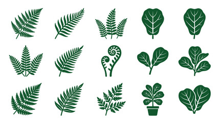 Minimalist green fern fronds and small plant icons set. © Anas