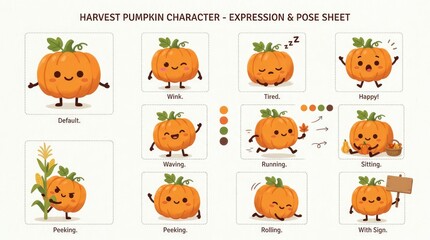 Obraz premium Cute Harvest Pumpkin Character Expressions and Poses Sheet for Autumn Season.