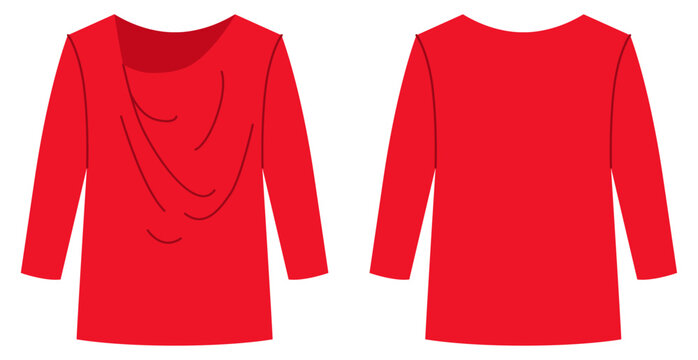 Red draped cowl neck top with long sleeves and relaxed silhouette with soft folds and fluid shape. Technical fashion illustration in flat color, front and back views. Vector