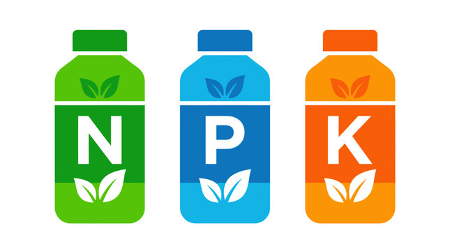 NPK Fertilizer Bottle Icons for Plant Growth.