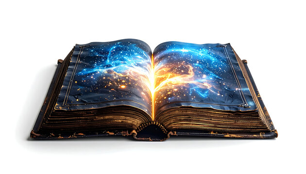 Open ancient book with glowing magical energy, nebula and stars, fantasy lore, storytelling, knowledge