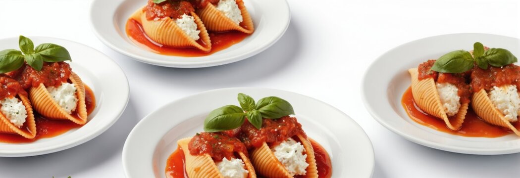 Plate of stuffed pasta shells with ricotta cheese filling, marinara sauce, and basil. Served hot, Italian cuisine, comforting meal ready for eating.