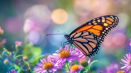 Obraz premium Monarch butterfly on purple aster flowers in a lush garden