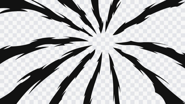 Black and white abstract radial burst lines in manga and anime style. Sharp dynamic streaks radiate from the center, creating a powerful sense of speed, impact, energy, and dramatic action.