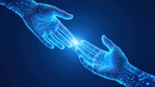 Digital hands connecting with light