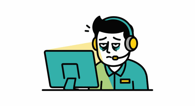 Exhausted customer service representative wearing headset at computer.