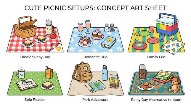 Cute Picnic Setups - Concept Art Sheet Depicting Various Outdoor Dining Scenarios.
