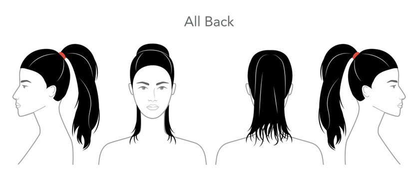 All Back Brushed Back hairstyle black white vector front back profile views, slicked hair structure for salon, hairdresser guide, beauty reference, fashion illustration, hairstyle catalog