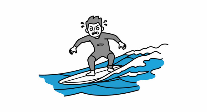 Cartoon character surfing on small wave board.