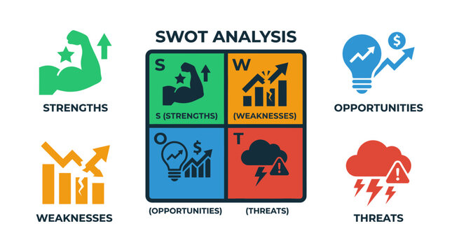 Strategic business SWOT analysis infographic with icons.