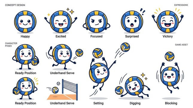 Cute Volleyball Cartoon Character Set with Various Emotions and Actions.