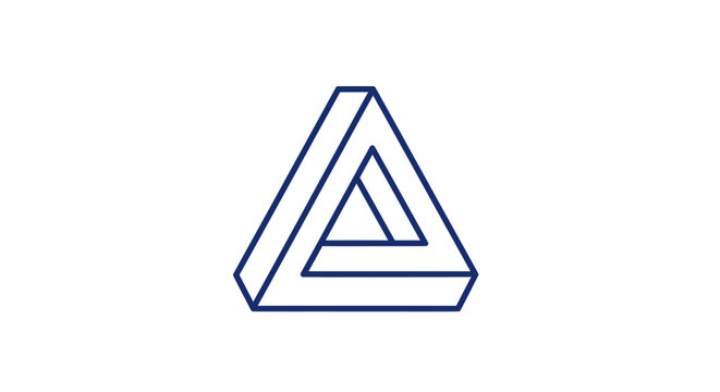 Penrose Triangle optical illusion graphic, impossible shape, dark blue outline on white background