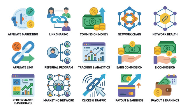 Affiliate marketing and digital commission icon set.