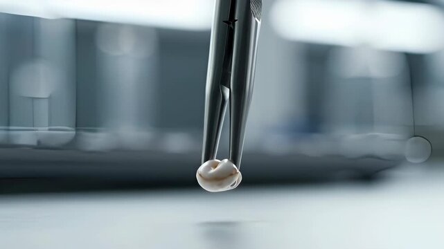 Medical Metal Tweezers Picking Up a Tooth in a Dental Laboratory