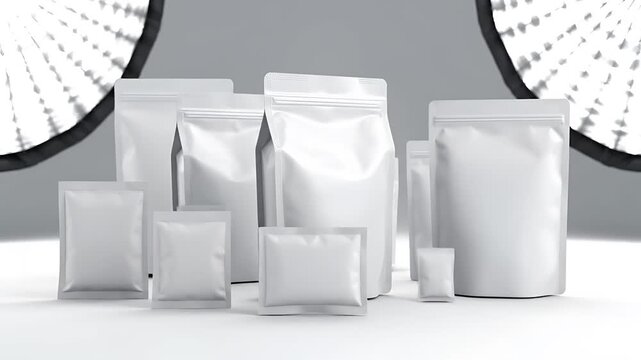 Blank White Pouches Packaging Mockup Collection Displayed.