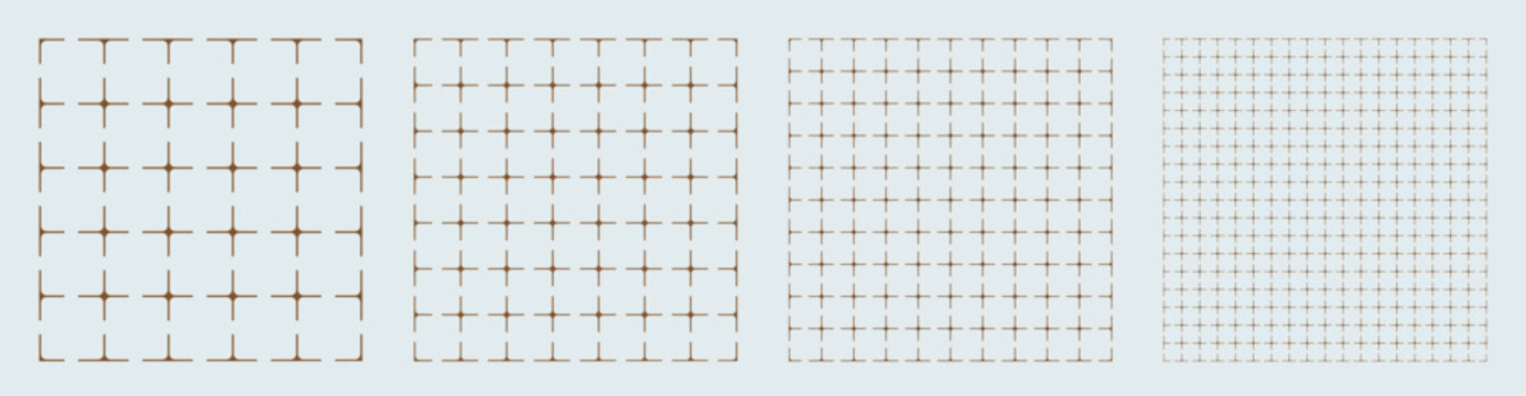 Square grid collection Star rounded geometry, four samples blueprint style. Dense lattice structure, interface layouts editorial compositions planning sheets dashboards digital technology graphics.