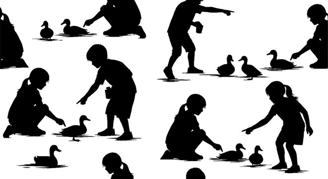 Silhouettes of children playing with ducklings outdoors.