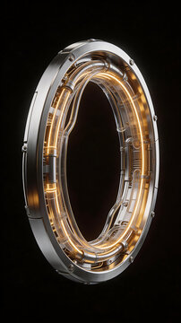 Circular metallic structure with glowing lights ideal for sleek commercial backgrounds and title sequences